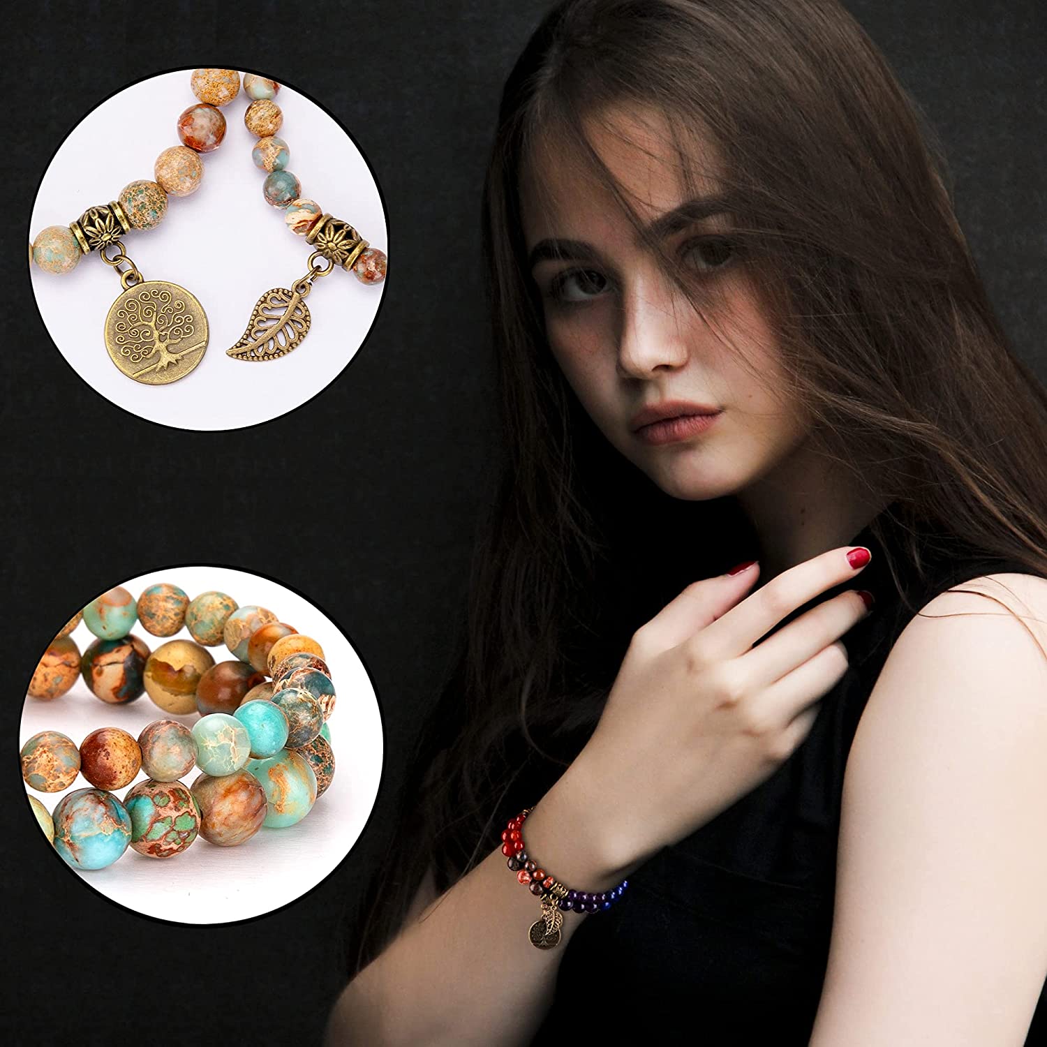 Bivei Natural Semi Precious Gemstone Beads Bracelet for Women - Tree of Life and Leaf Charm Energy Healing Reiki Crystal Stretch Bracelets - Image 3